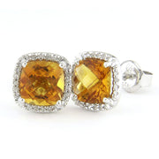 Cushion-Cut Citrine and Diamond Halo Earrings in White Gold 14K