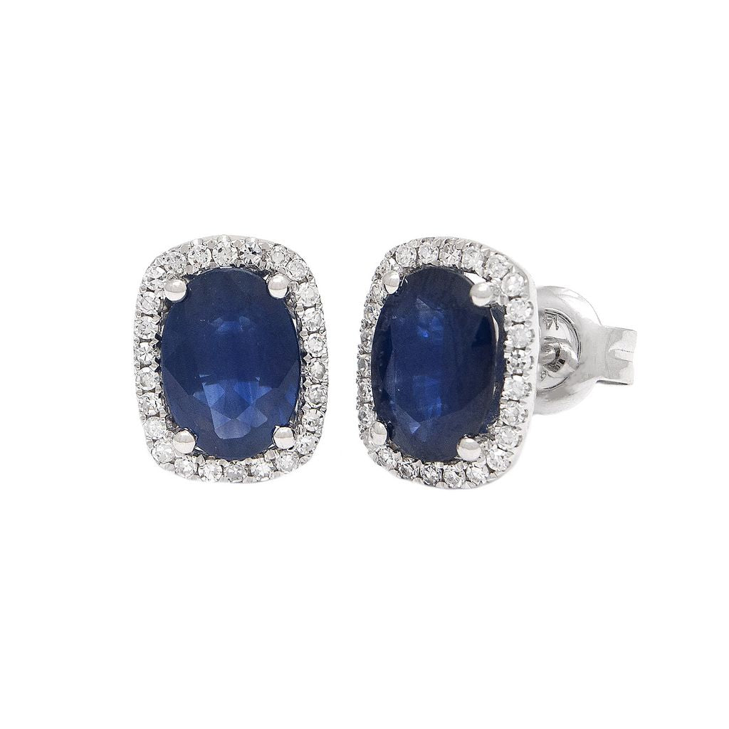 Oval Sapphire and Diamond Halo Earrings in 14K White Gold