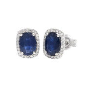 Oval Sapphire and Diamond Halo Earrings in 14K White Gold