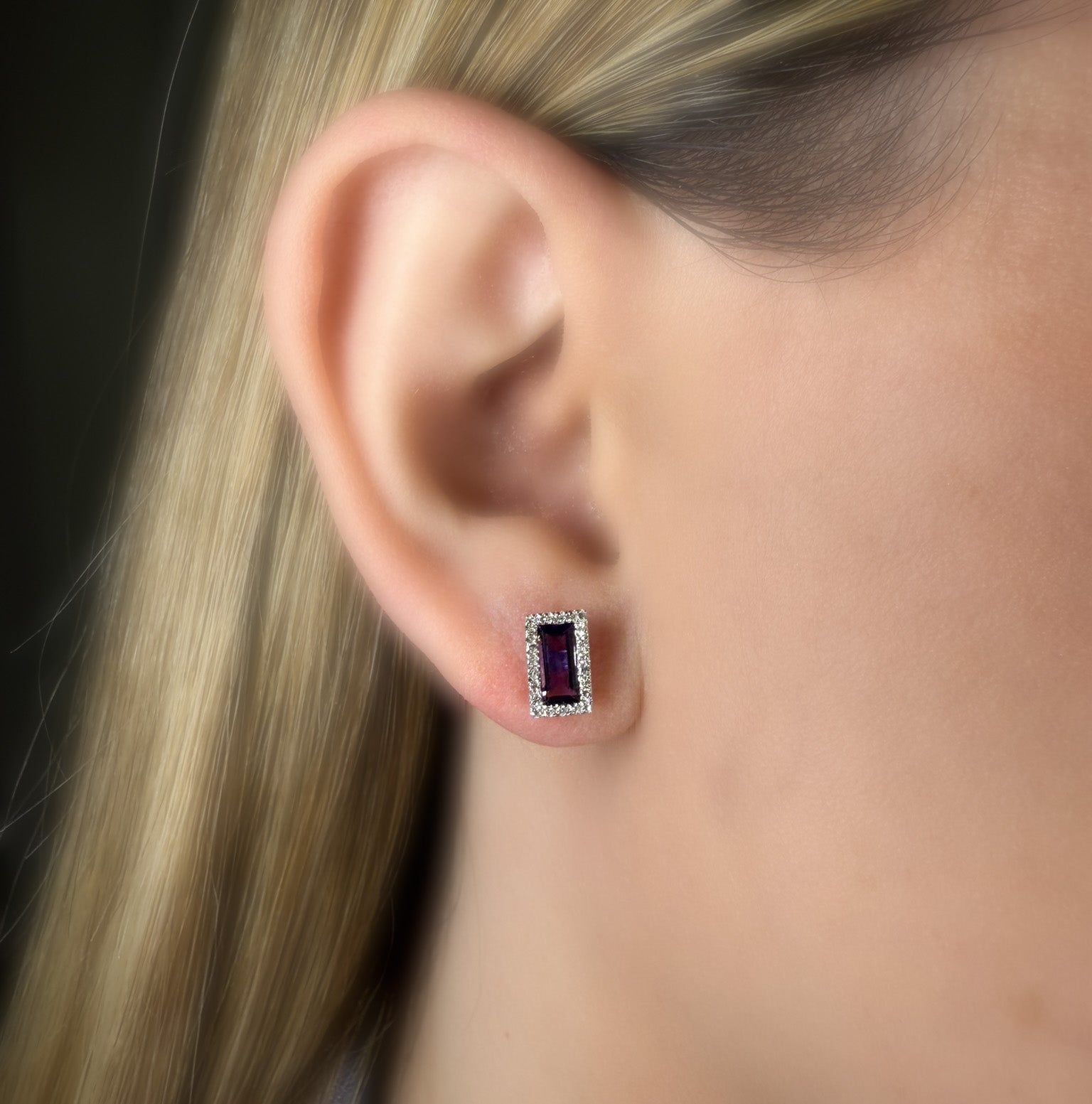 Amethyst and Diamond Halo Earrings in White Gold 14K