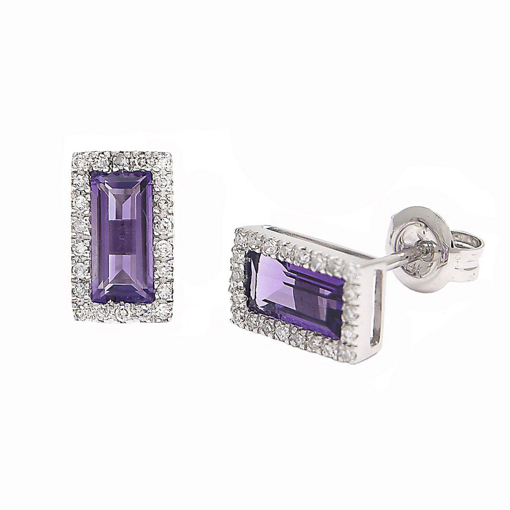 Amethyst and Diamond Halo Earrings in White Gold 14K