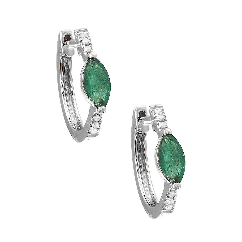 Marquise Emerald and Diamond Hoop Earrings in 14K White Gold