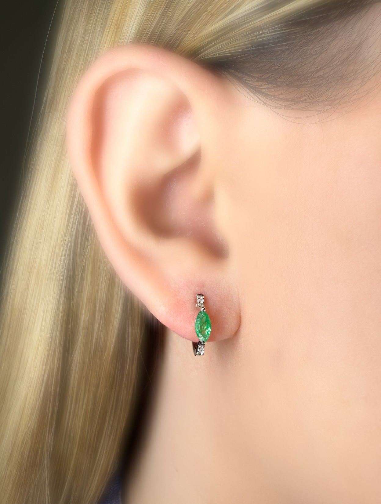 Marquise Emerald and Diamond Hoop Earrings in 14K White Gold