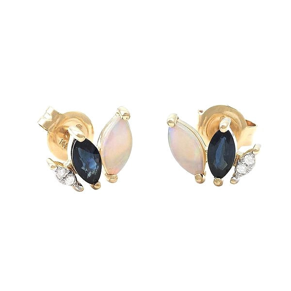 Opal, Sapphire And Diamond Earrings in Yellow Gold 14K