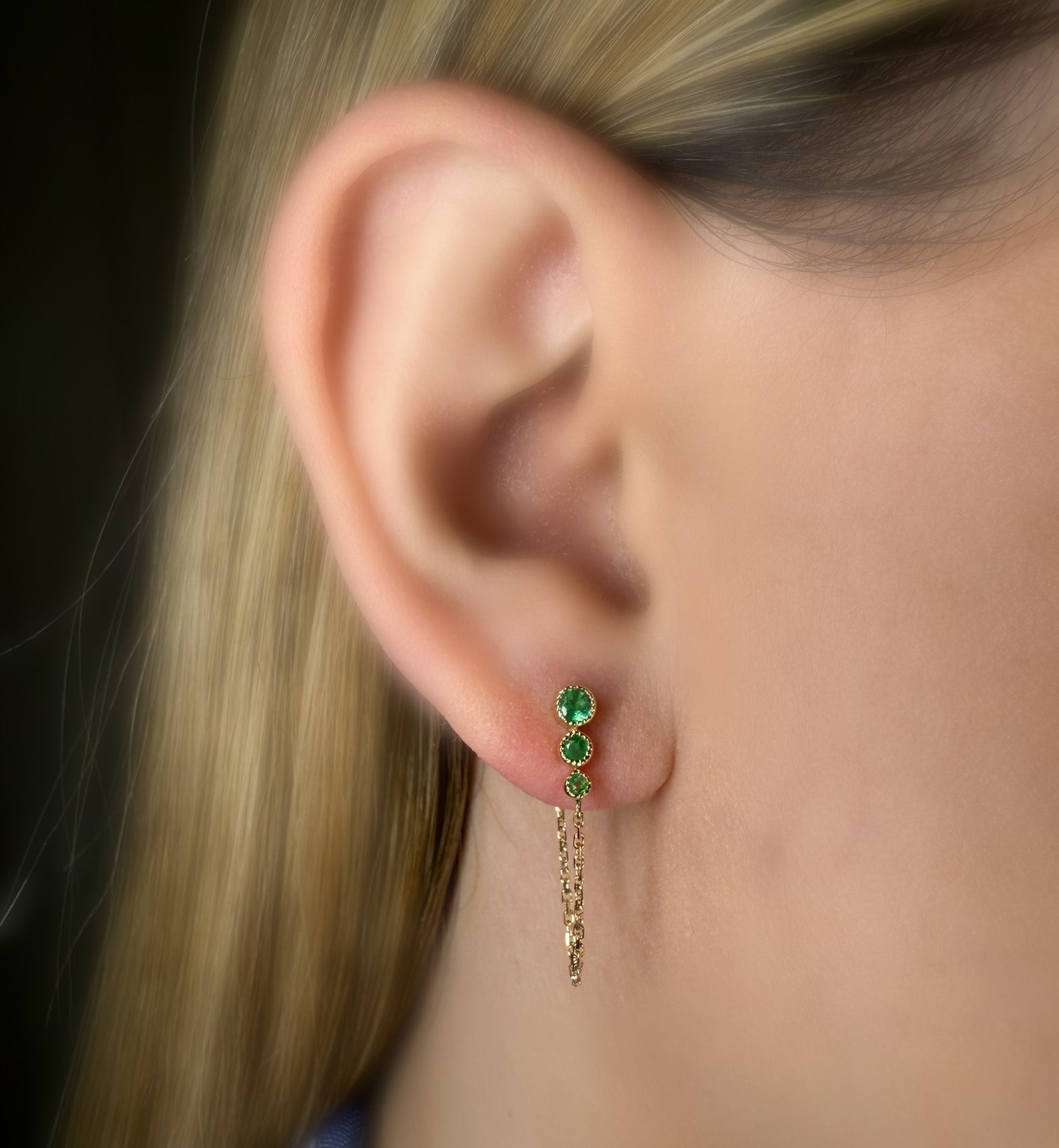 Triple Emerald Earrings with Chain in 14K Yellow Gold