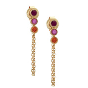 Ruby, Pink Sapphire, and Orange Sapphire Earrings with Chain in Yellow Gold 14k