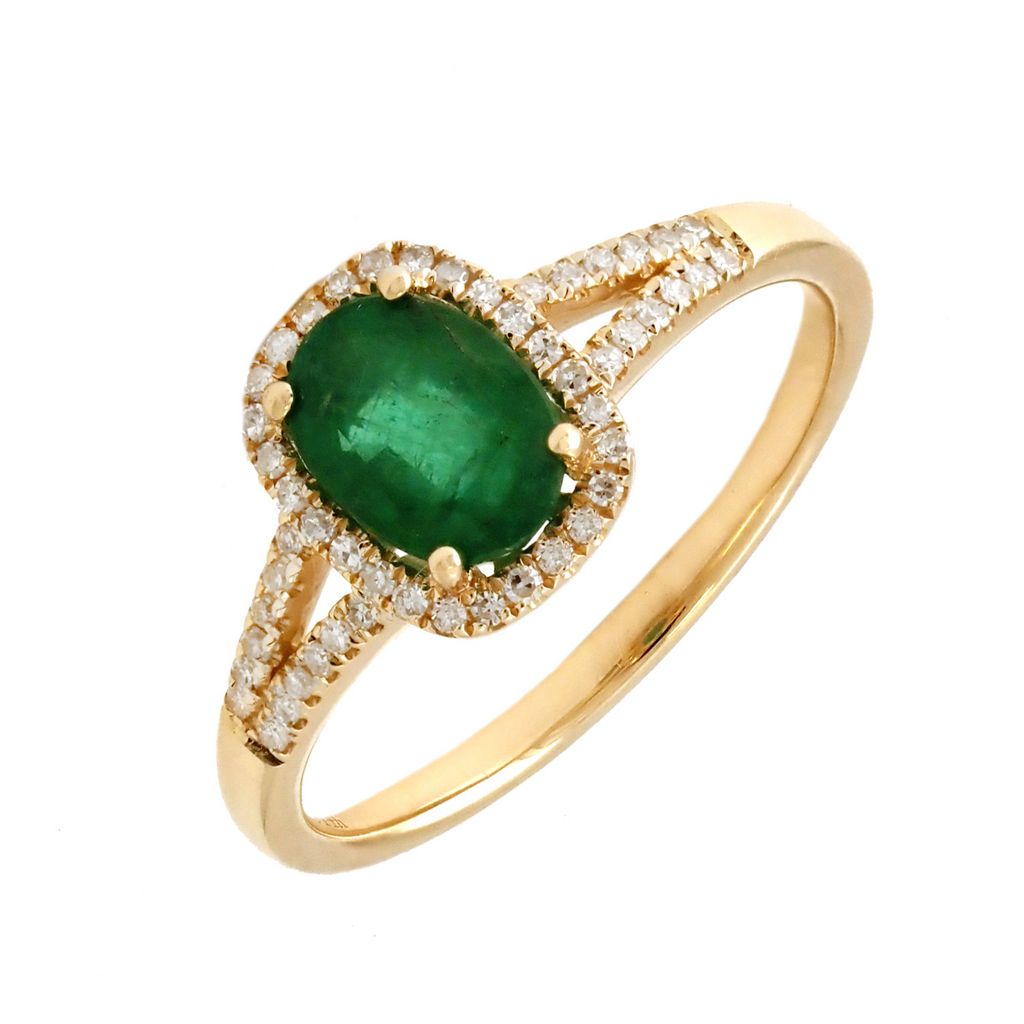 Emerald and Diamond Halo Ring in 14K Yellow Gold