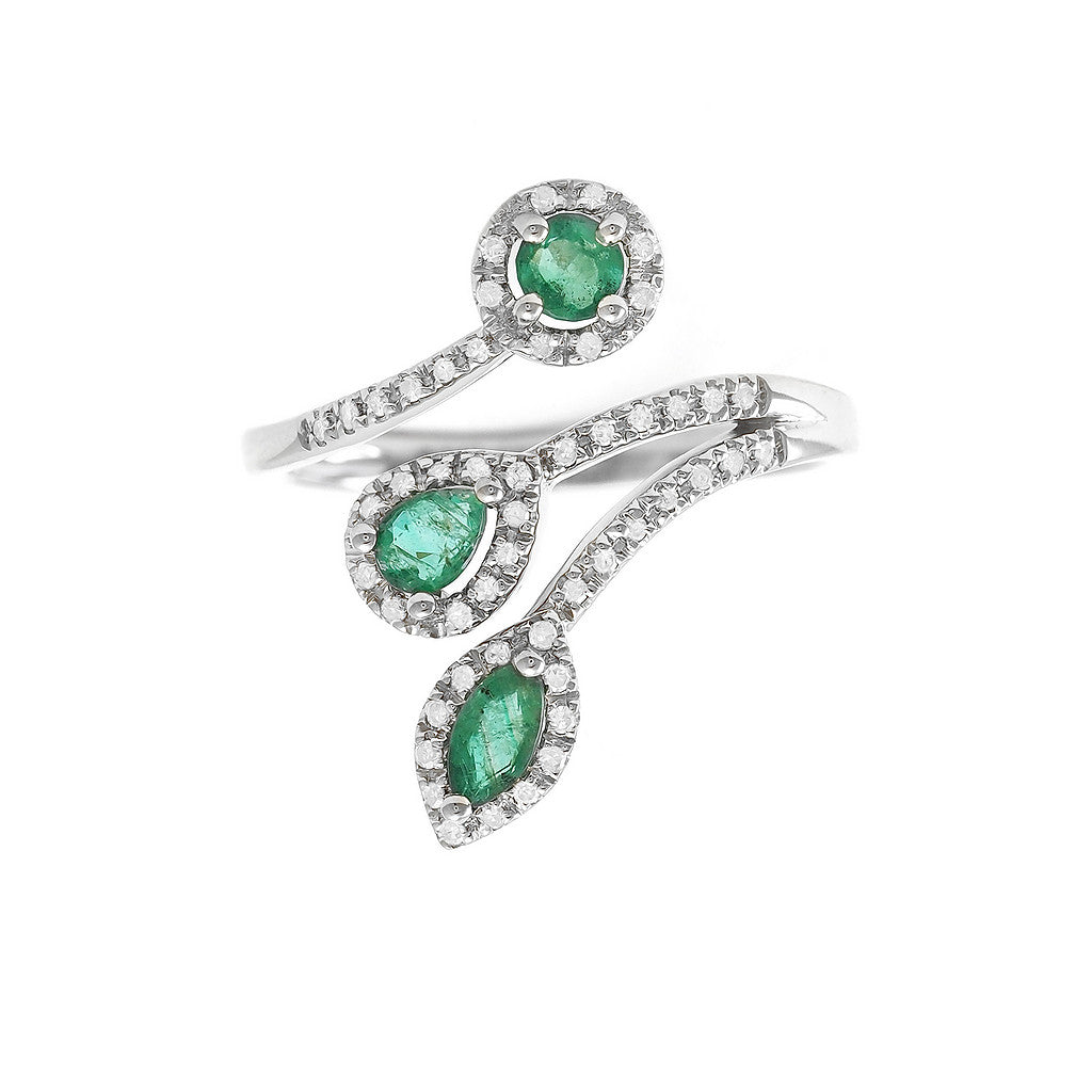 Emerald and Diamond Trio Cut Ring in 14K White or Yellow Gold