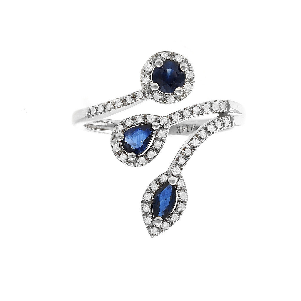 Sapphire and Diamond Trio Cut Ring in 14K White or Yellow Gold
