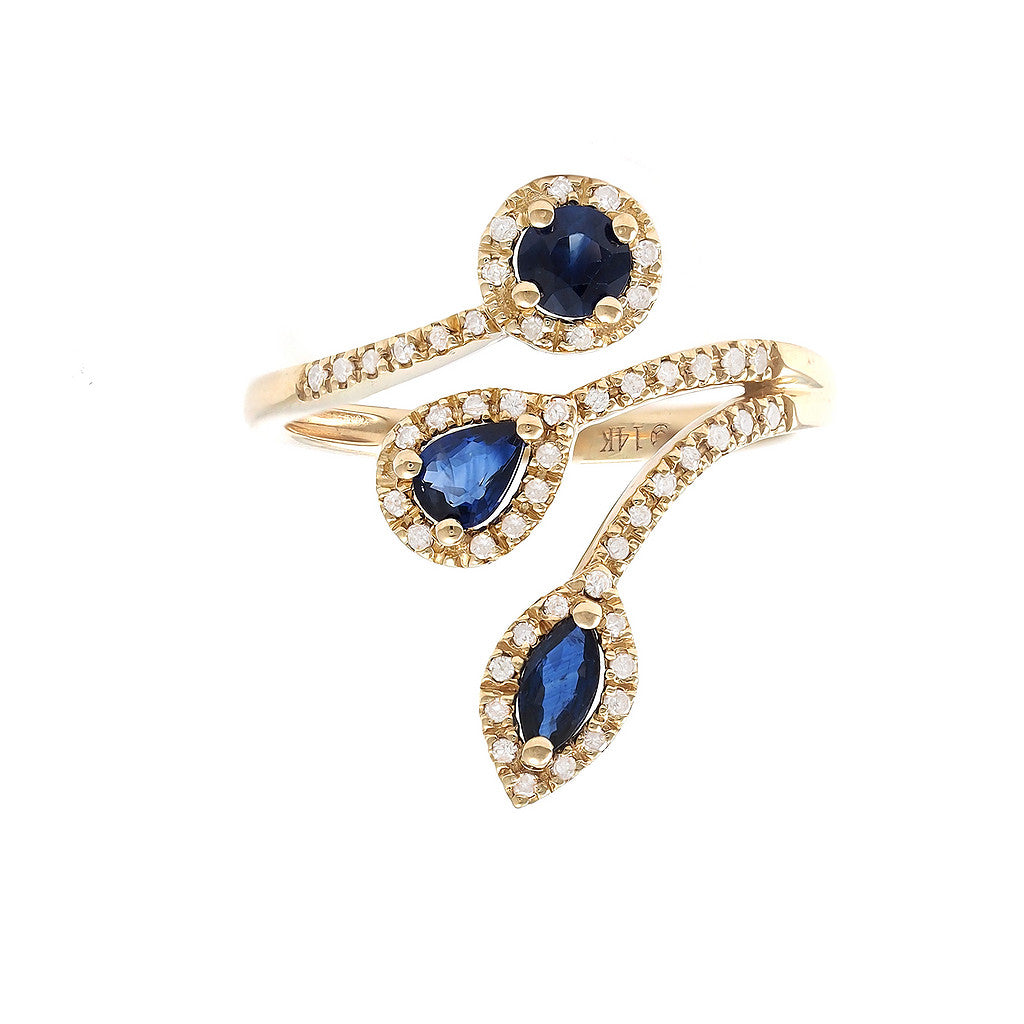 Sapphire and Diamond Trio Cut Ring in 14K White or Yellow Gold