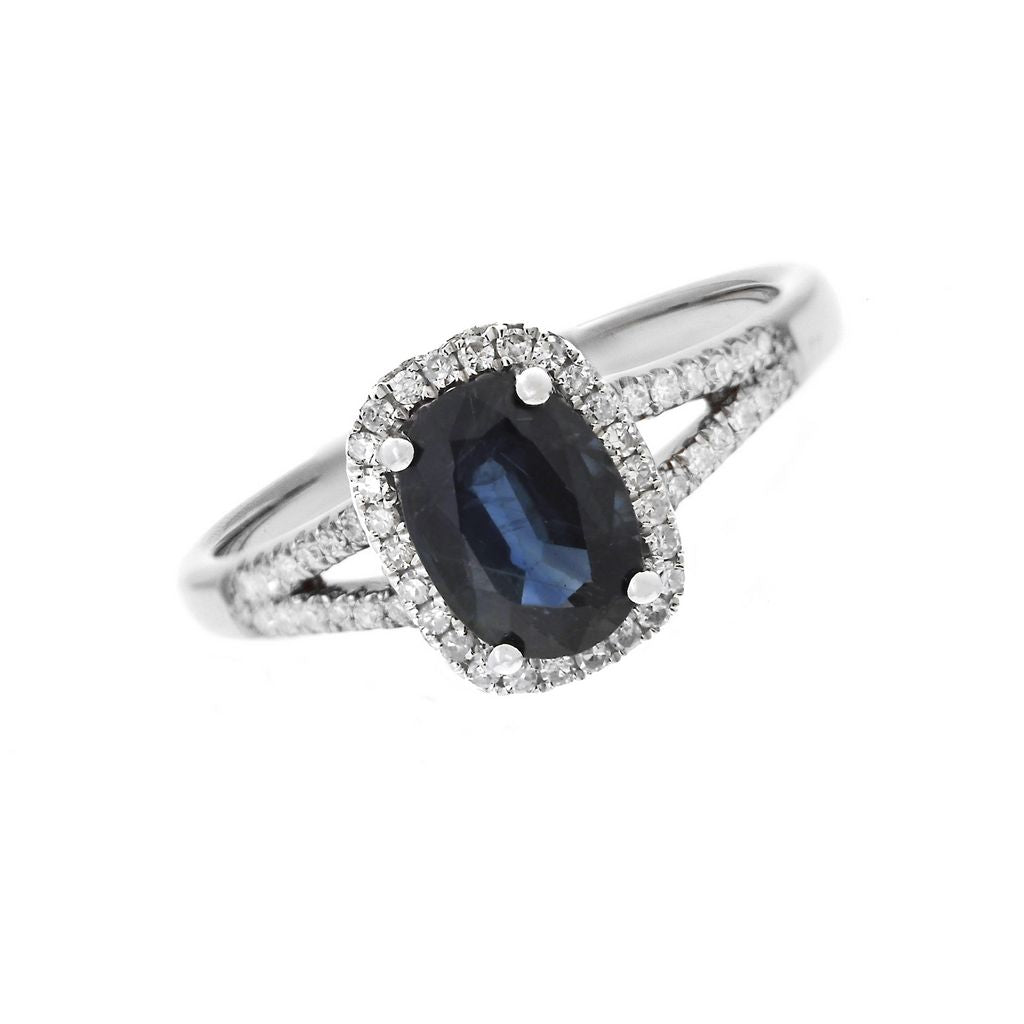 Sapphire and Diamond Halo Ring in 14K White Gold