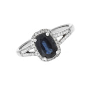 Sapphire and Diamond Halo Ring in 14K White Gold