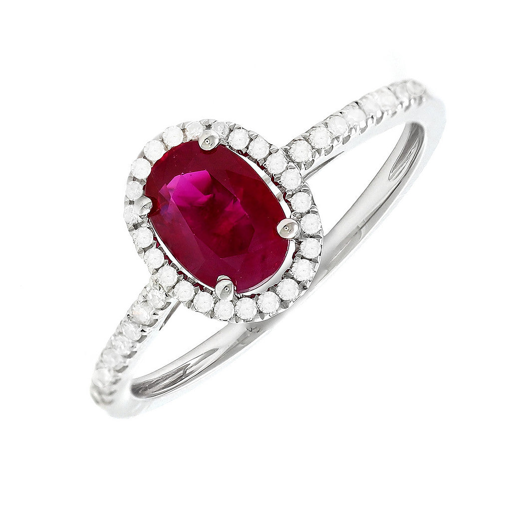 Ruby and Diamond Halo Ring in 14K White Gold