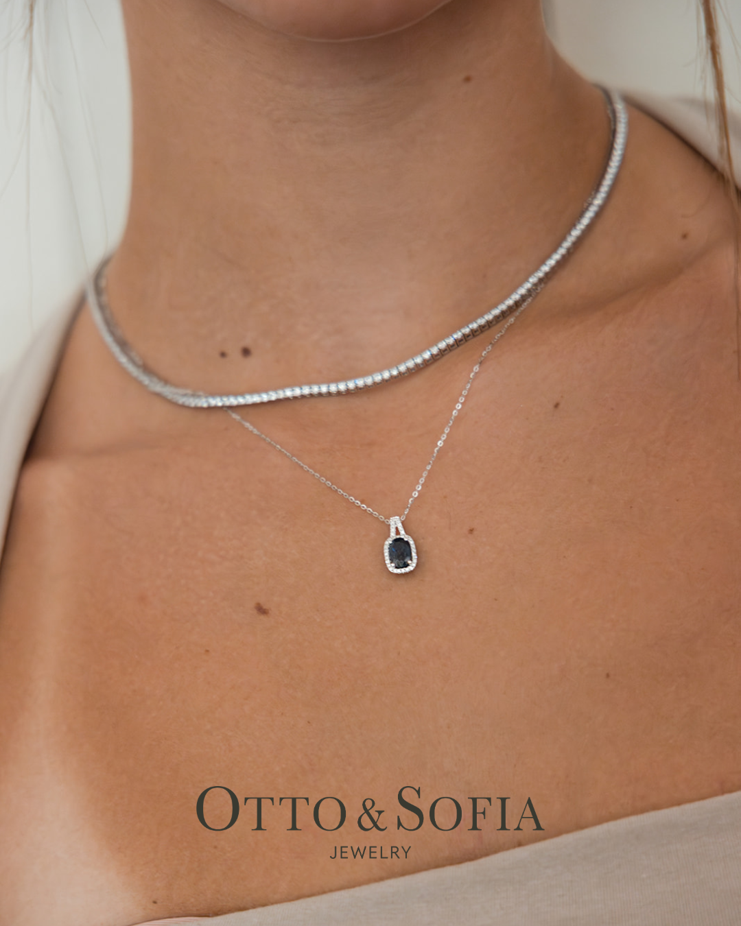Sapphire and Diamond Halo Pendant Necklace in 14K White Gold