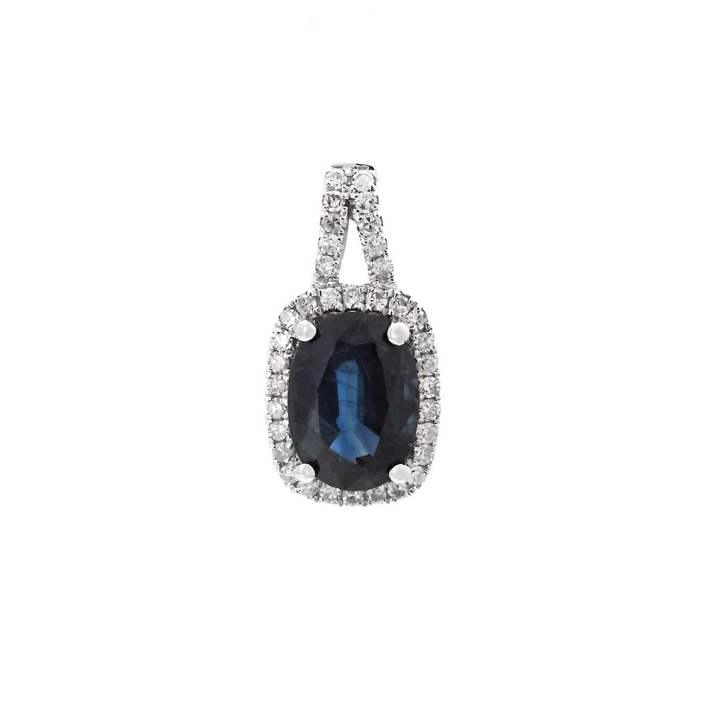 Sapphire and Diamond Halo Pendant Necklace in 14K White Gold