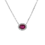Oval Ruby and Diamond Halo Necklace in 14K White Gold
