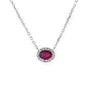 Oval Ruby and Diamond Halo Necklace in 14K White Gold
