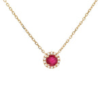 Ruby and Diamond Halo Necklace in 18K Yellow Gold
