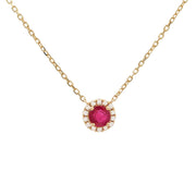 Ruby and Diamond Halo Necklace in 18K Yellow Gold