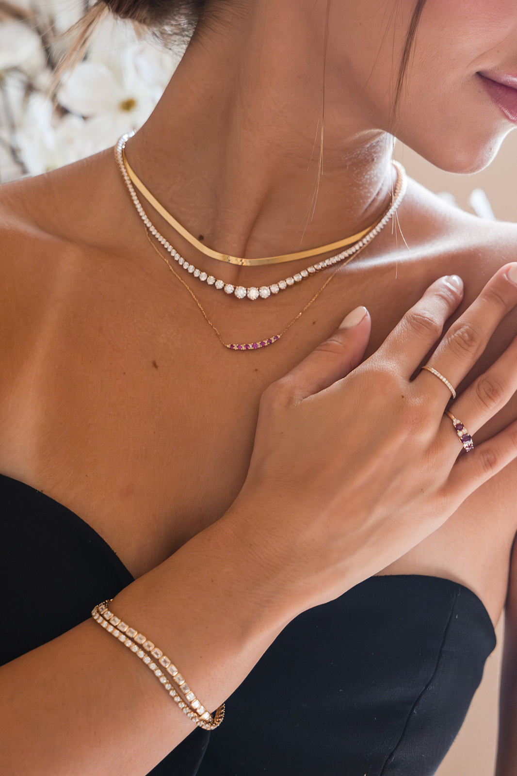 Ruby and Diamond Curved Bar Necklace in Gold 14K