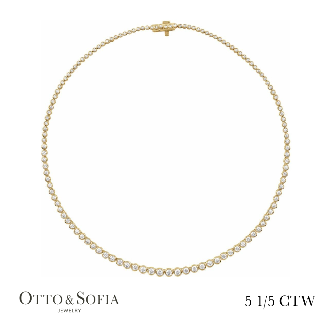 Bezel Tennis Necklace - (5 1/5 CTW) Diamond Tennis 16" Necklace in 14K White, Yellow, or Rose Gold