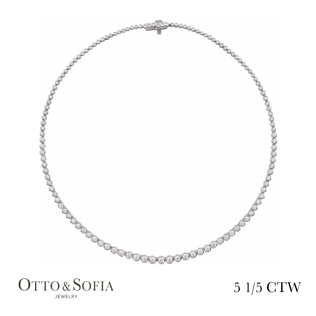 Bezel Tennis Necklace - (5 1/5 CTW) Diamond Tennis 16" Necklace in 14K White, Yellow, or Rose Gold
