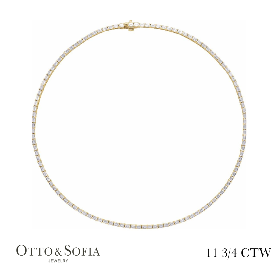 Emerald Cut Tennis Necklace - (11 3/4 CTW) Lab-Grown Diamond Tennis 16" Necklace in 14K White, Yellow, or Rose Gold