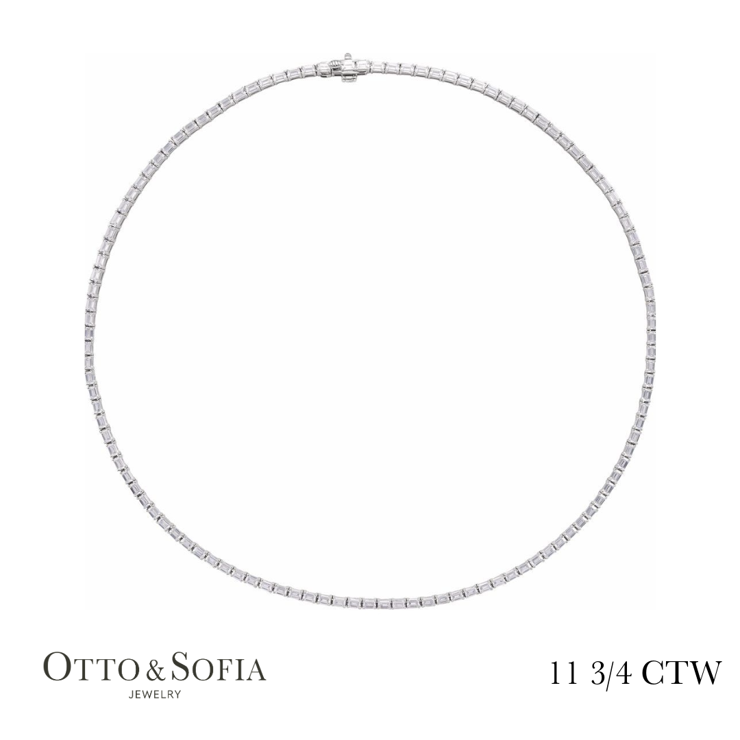 Emerald Cut Tennis Necklace - (11 3/4 CTW) Lab-Grown Diamond Tennis 16" Necklace in 14K White, Yellow, or Rose Gold