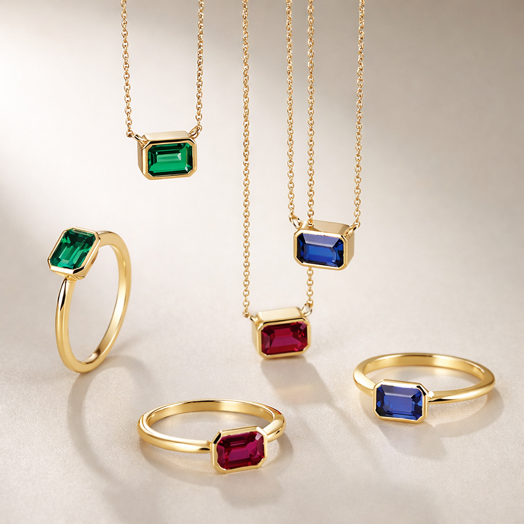 Bezel-Set Lab-Grown Sapphire, Emerald & Ruby Necklace in 14K Gold