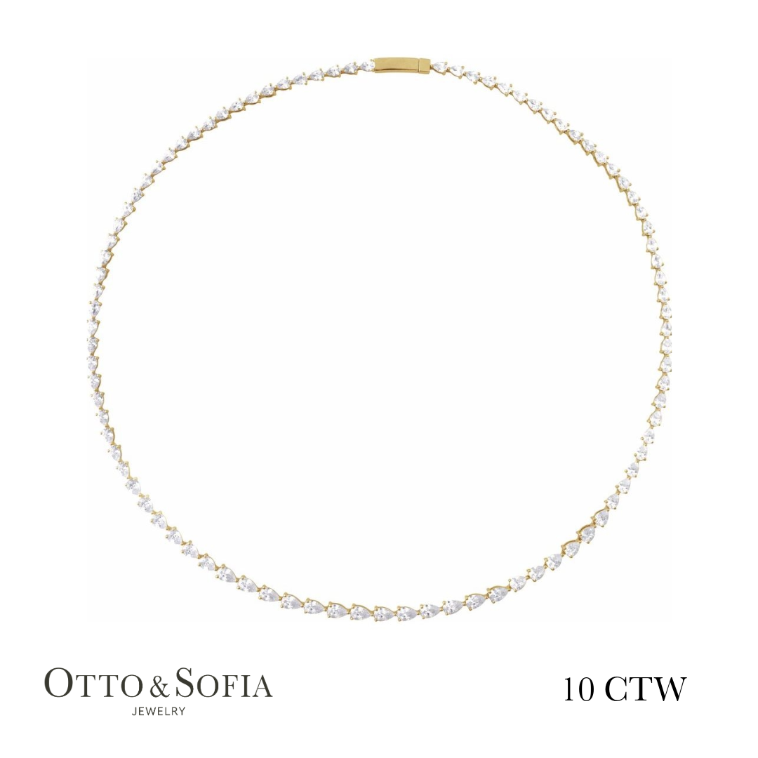Pear Cut Tennis Necklace - (10 CTW) Lab-Grown Diamond Tennis 16" Necklace in 14K White, Yellow, or Rose Gold