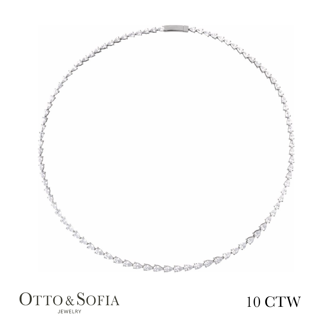 Pear Cut Tennis Necklace - (10 CTW) Lab-Grown Diamond Tennis 16" Necklace in 14K White, Yellow, or Rose Gold