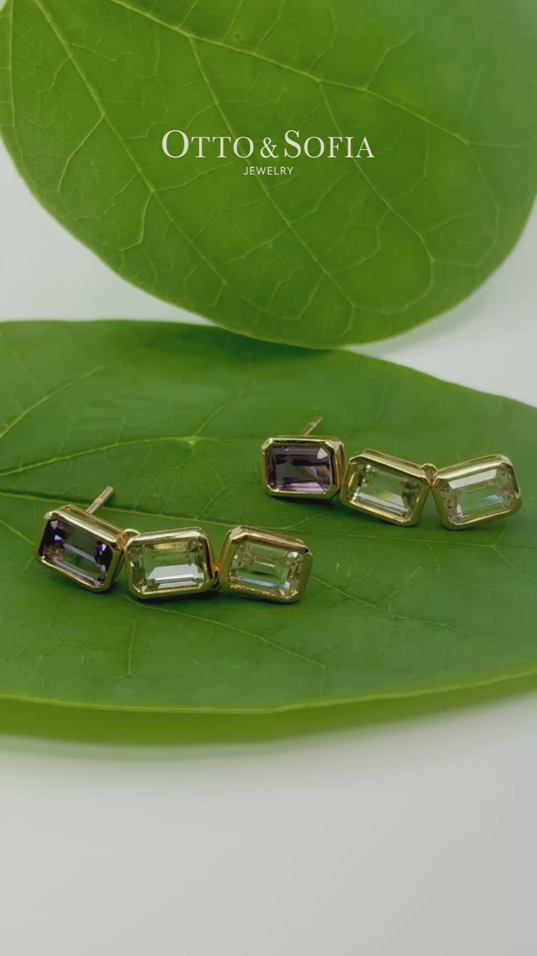 Load video: Green, Pink Amethyst &amp; White Topaz Earrings in Yellow Gold 14K